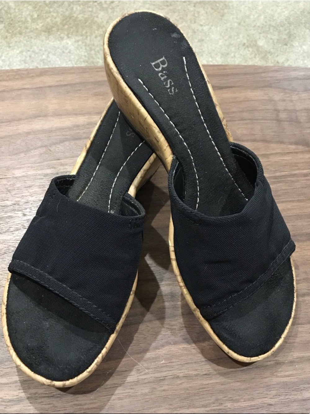 Bass Evans Black Slip-On Cork Wedge Mules size 6